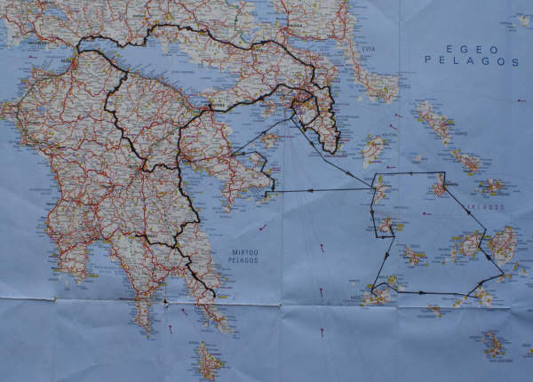 Map of our trip route by boat in the Cyclades and later by car on the mainland