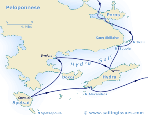 Map of Peloponnese, Saronic and Spetses with Poros and Hydra