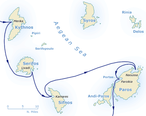 Map of North cyclades, Kithnos, Serifos, Sifnos, Siros and Paros