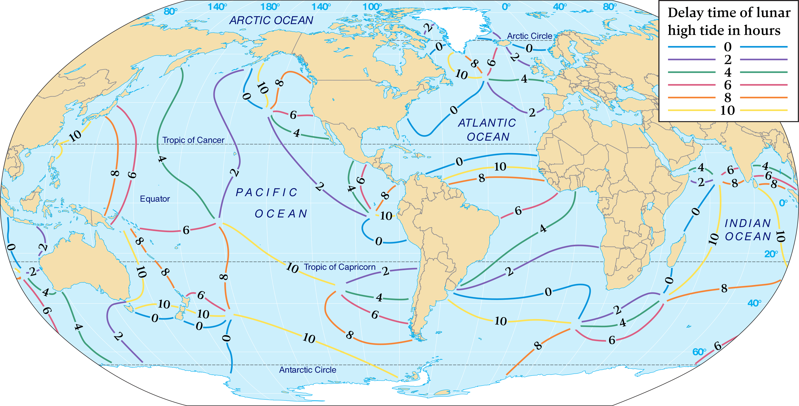 Cotidal map of the world and oceans