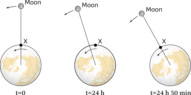 The lunar day is longer than 24 hours since the moon has travelled around the earth in the time that the earth made a full rotation. After a further 50 minutes the moon is above the starting point again.