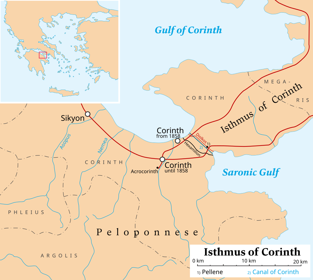 Map of the Corinth Canal and the Diolkos across the Isthmus of Corinth.