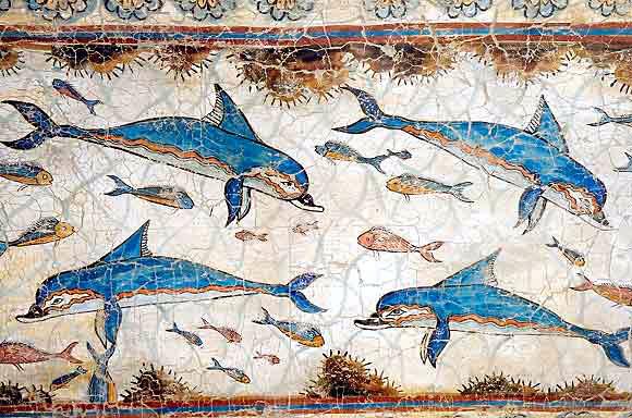 Dolphins displayed on a wall painting Knossos palace Crete.