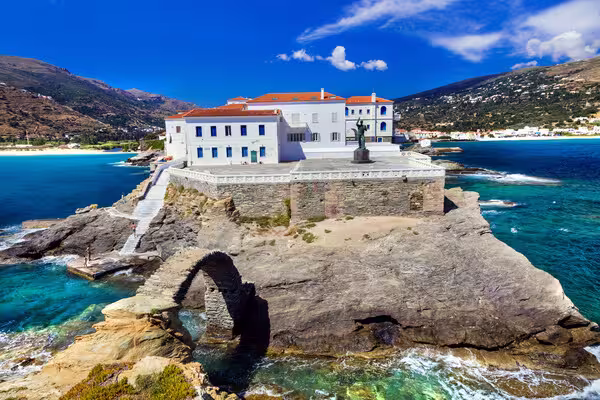 The 13th c. arched stone bridge &ndash; known as the Kamara &ndash; at Andros port.
