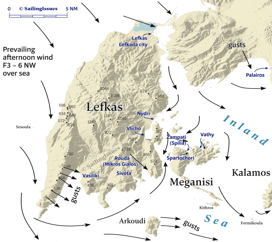  “Inland Sea” and Lefkas: The prevail afternoon wind directions shown by the black arrows.