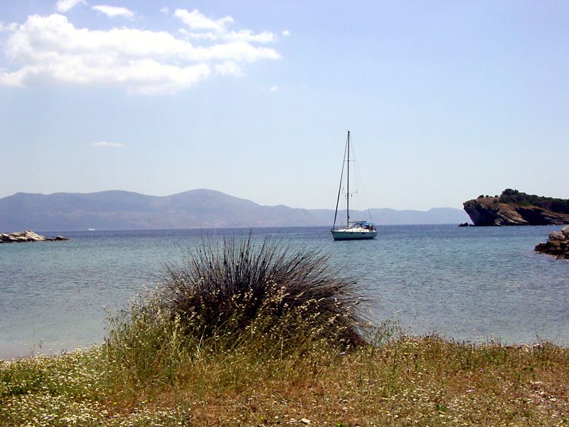 Our secluded anchorage (Nisos Soupia) with Hydra in the background - during our sailing holiday in the Saronic