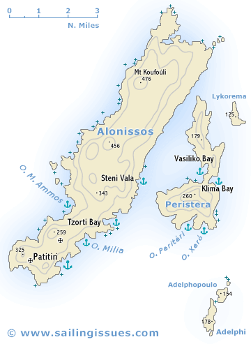 Sailing map of Alonissos or Alonnisos with bareboat yacht charters