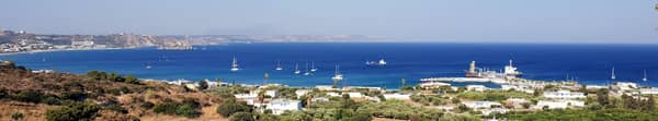 Overview of Kamari port and bay, Kastri islet, Kos island.