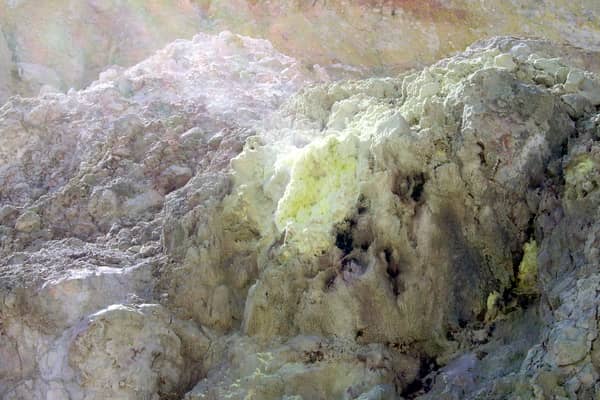 Fumaroles smoking in the craters of Nisyros volcano.