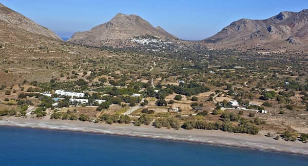 Eristos bay on Tilos island: views towards Megalo Chorio.