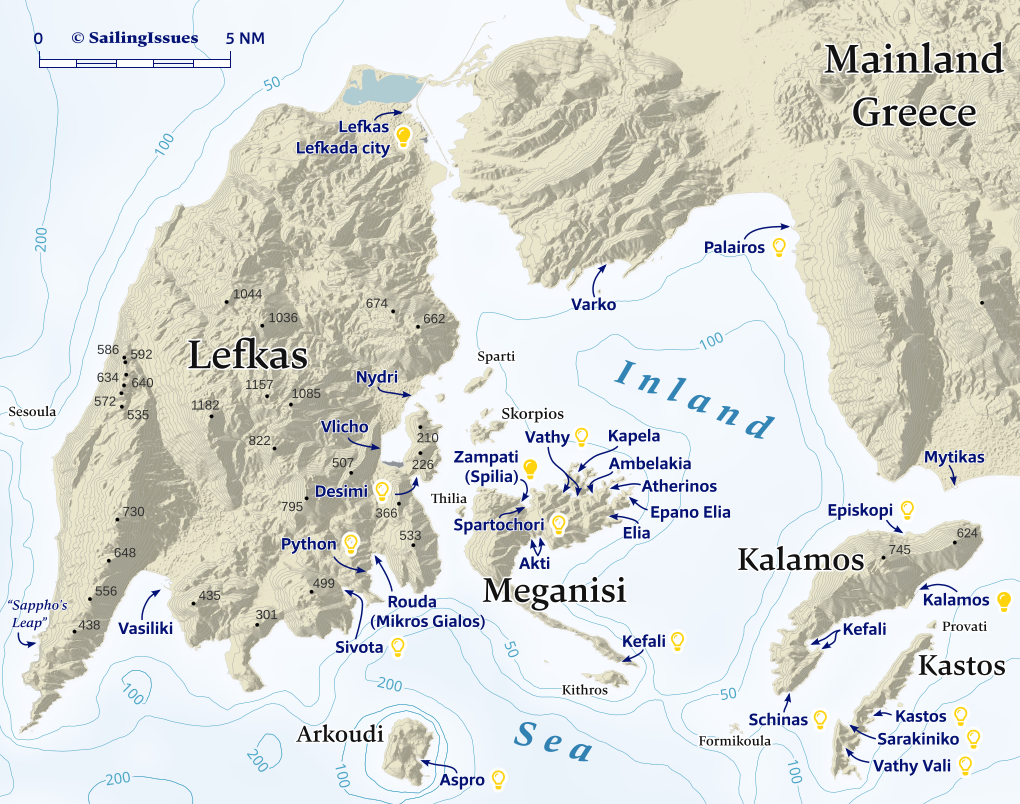 Lefkas island and the isles of Meganisi, Kalamos, Kastos and mainland Greece; ports and anchorages of the “Inland Sea”. nautical charts