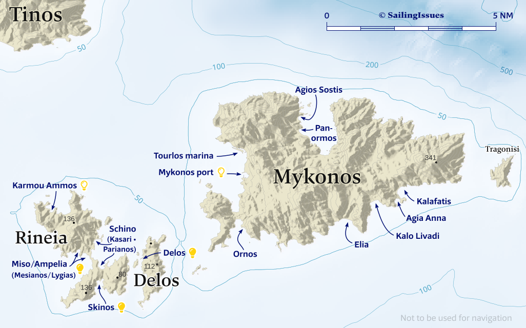 Mykonos, Delos, Rineia islands port and island nautical charts