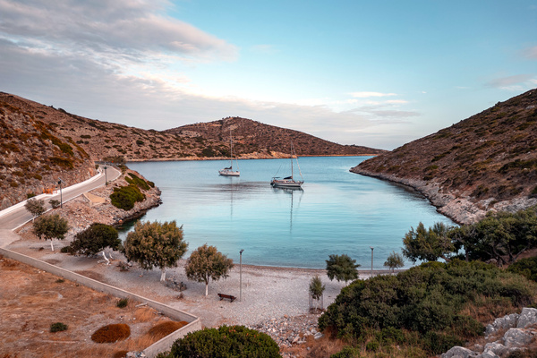 Sailing yachts anchored in Spilias, Agathonisi, Dodecanese