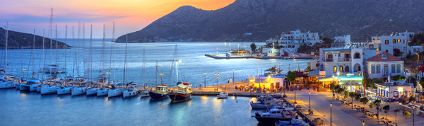 Lipsi port with charter yachts at sunset: Dodecanese