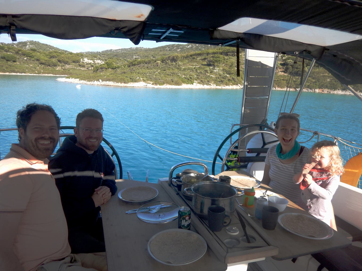 Dinner at our private anchorage – savouring wraps and lachanosalata.