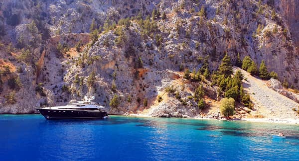 Yachting guide to Symi anchorages, Thessálona and St George bay.