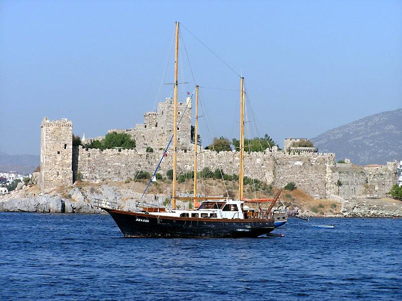Two gulets in front of the Bodrum castle