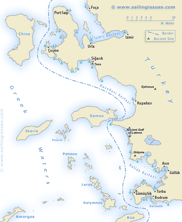 Turkey - the Ionian coast sailing map - Izmir, Kusadasi and Bodrum ports.