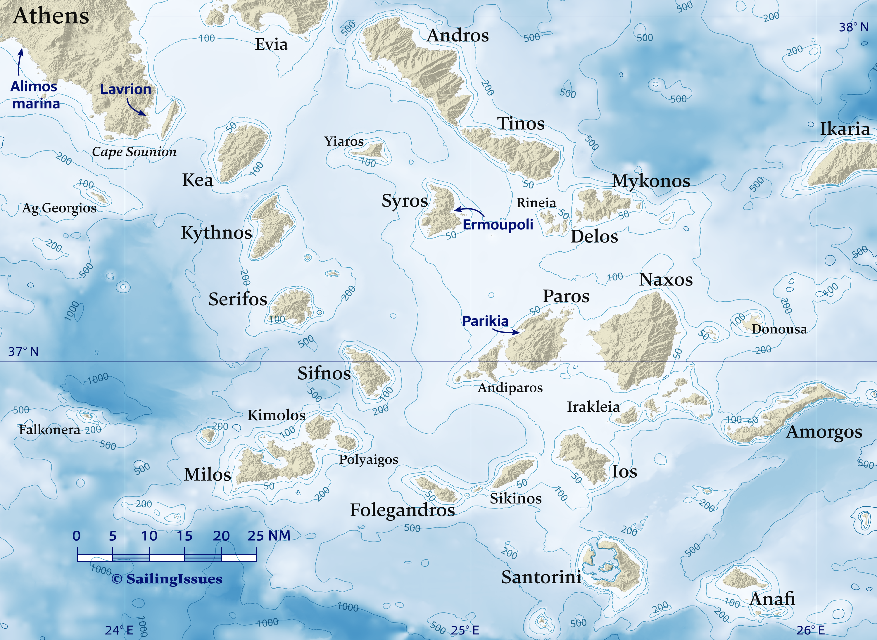 Yacht charters: Depths contours Cyclades Sea: Paros, Santorini, Mykonos, Naxos.