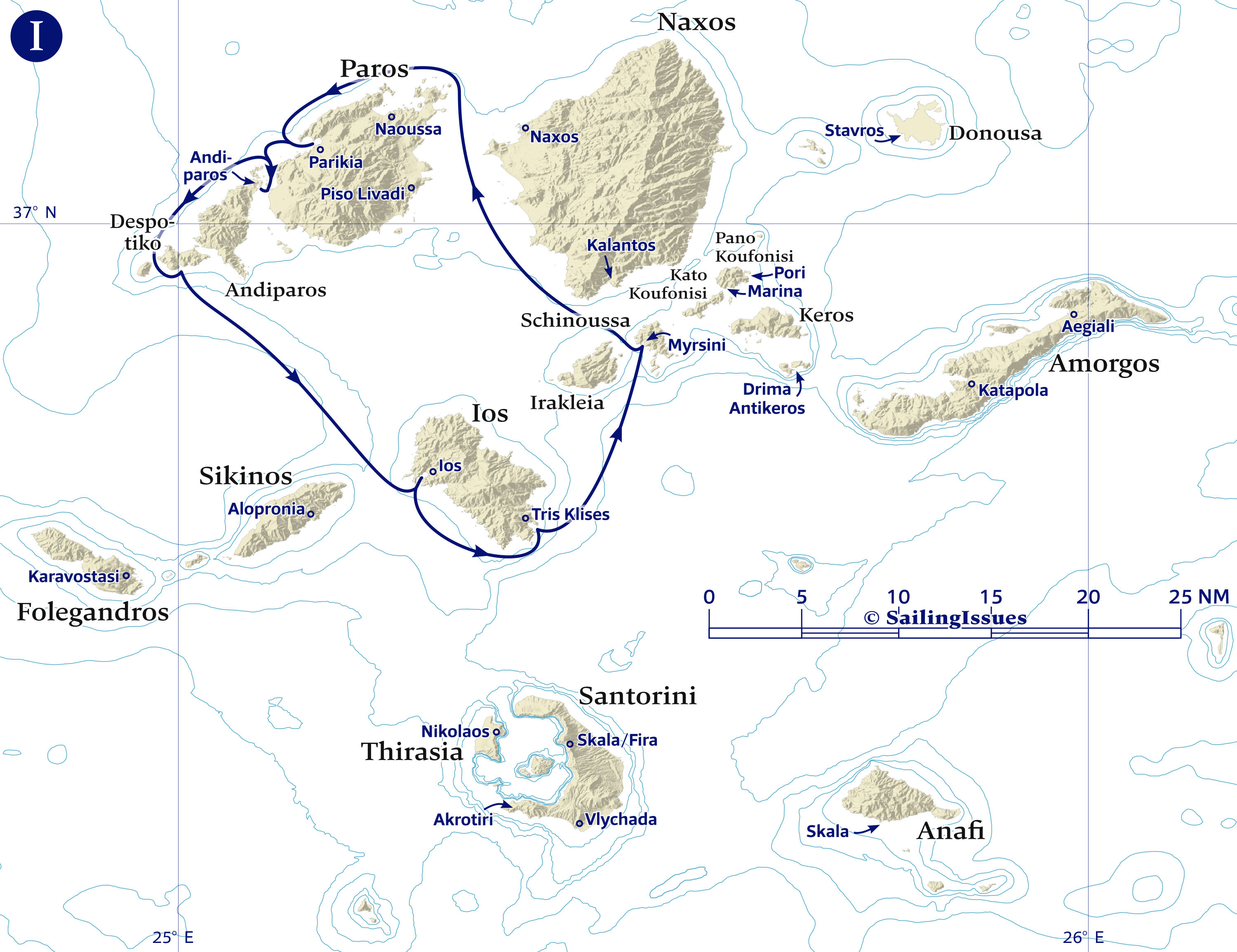 Yacht charters: Route I Paros 1 week easy (not through andiparos strait) family sailing, easy.