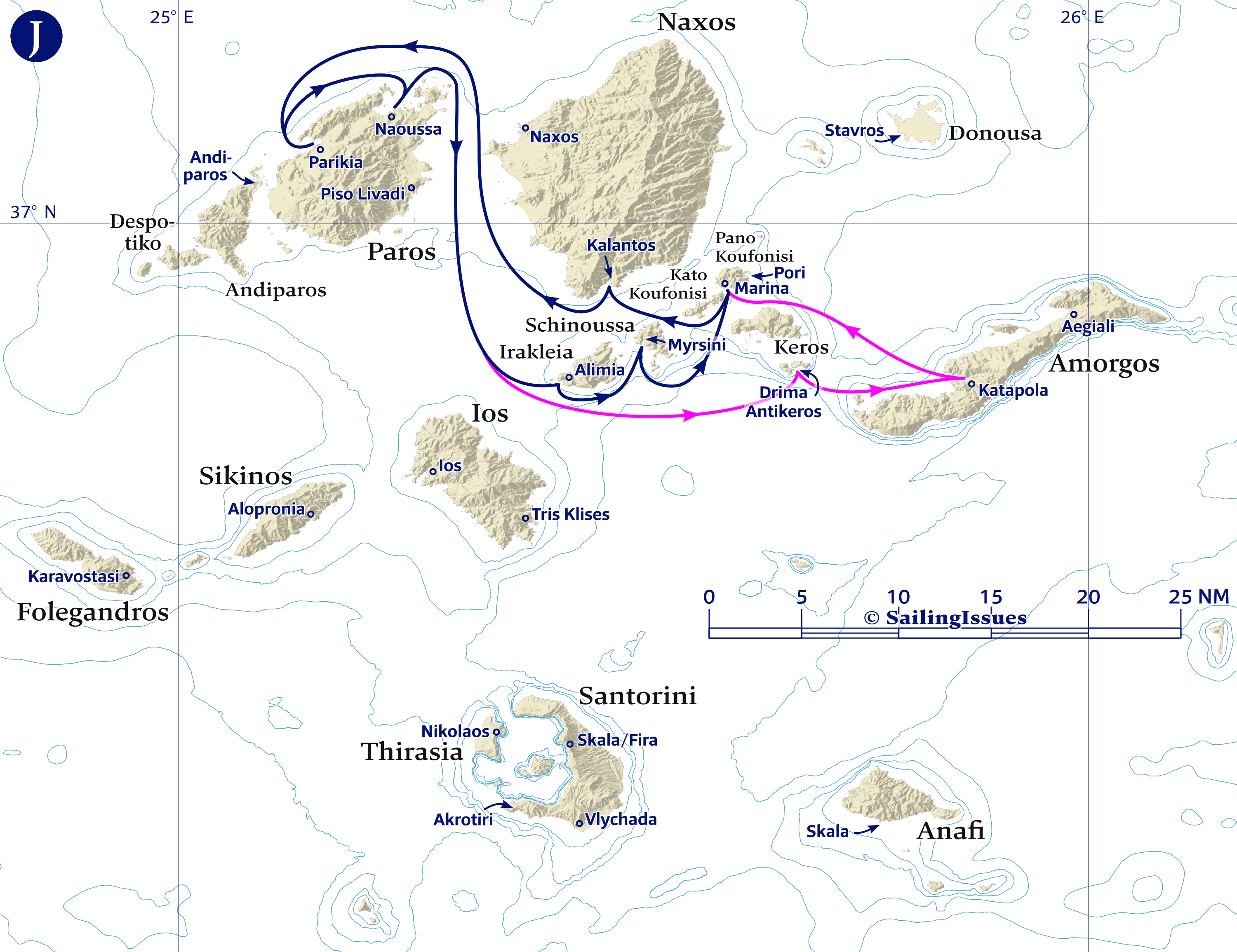 Yacht charters: Route J Short distances and easy family sailing to the Lesser Cyclades