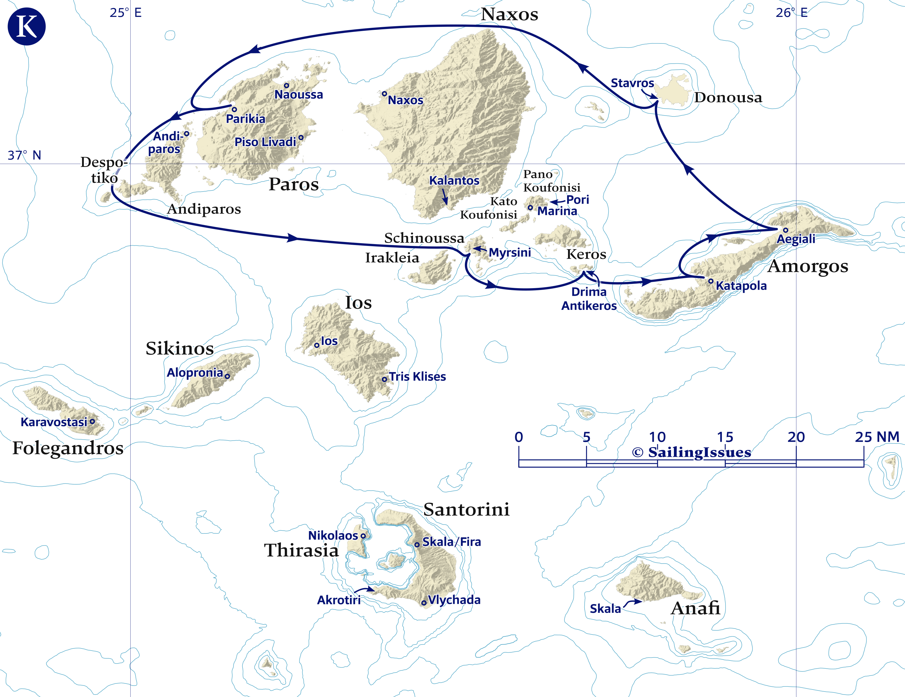 Yacht charters: Route K easy sailing east to Amorgos and Lesser Cyclades