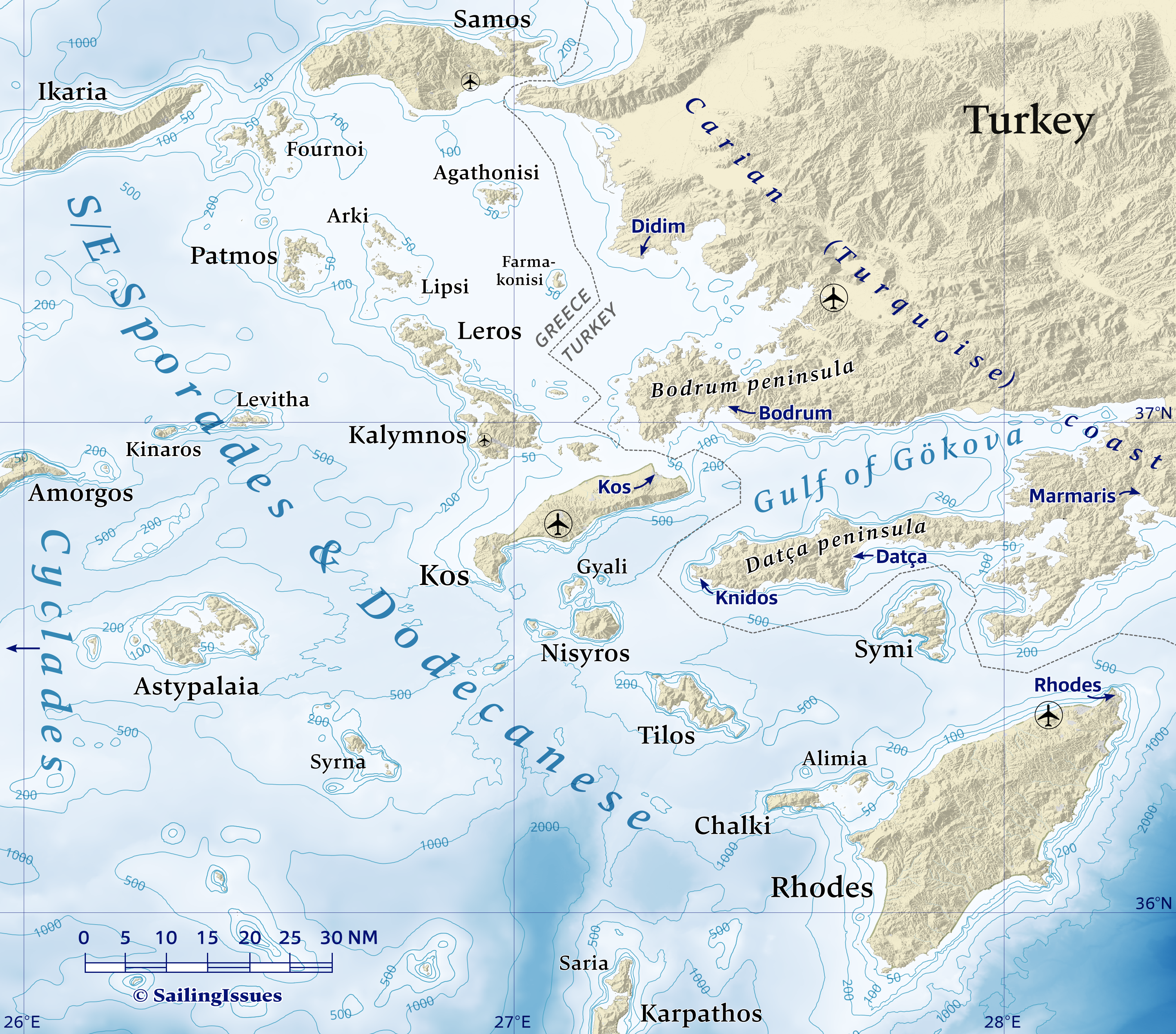 Yacht charters: Depths contours Dodecanese, Kos, Rhodes, Nisyros, Patmos