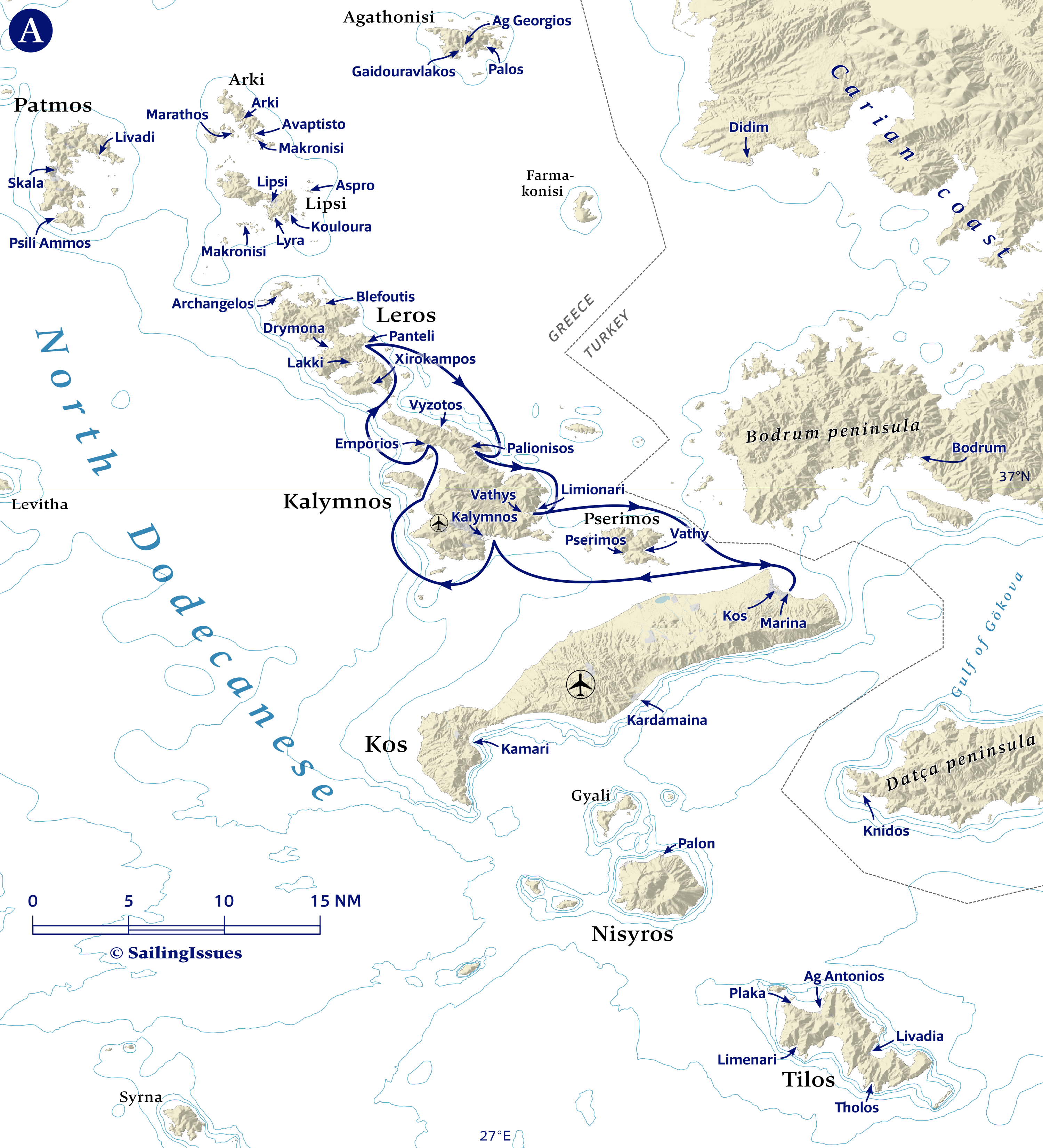 Yacht charters: Route A First time bareboat in the Dodecanese