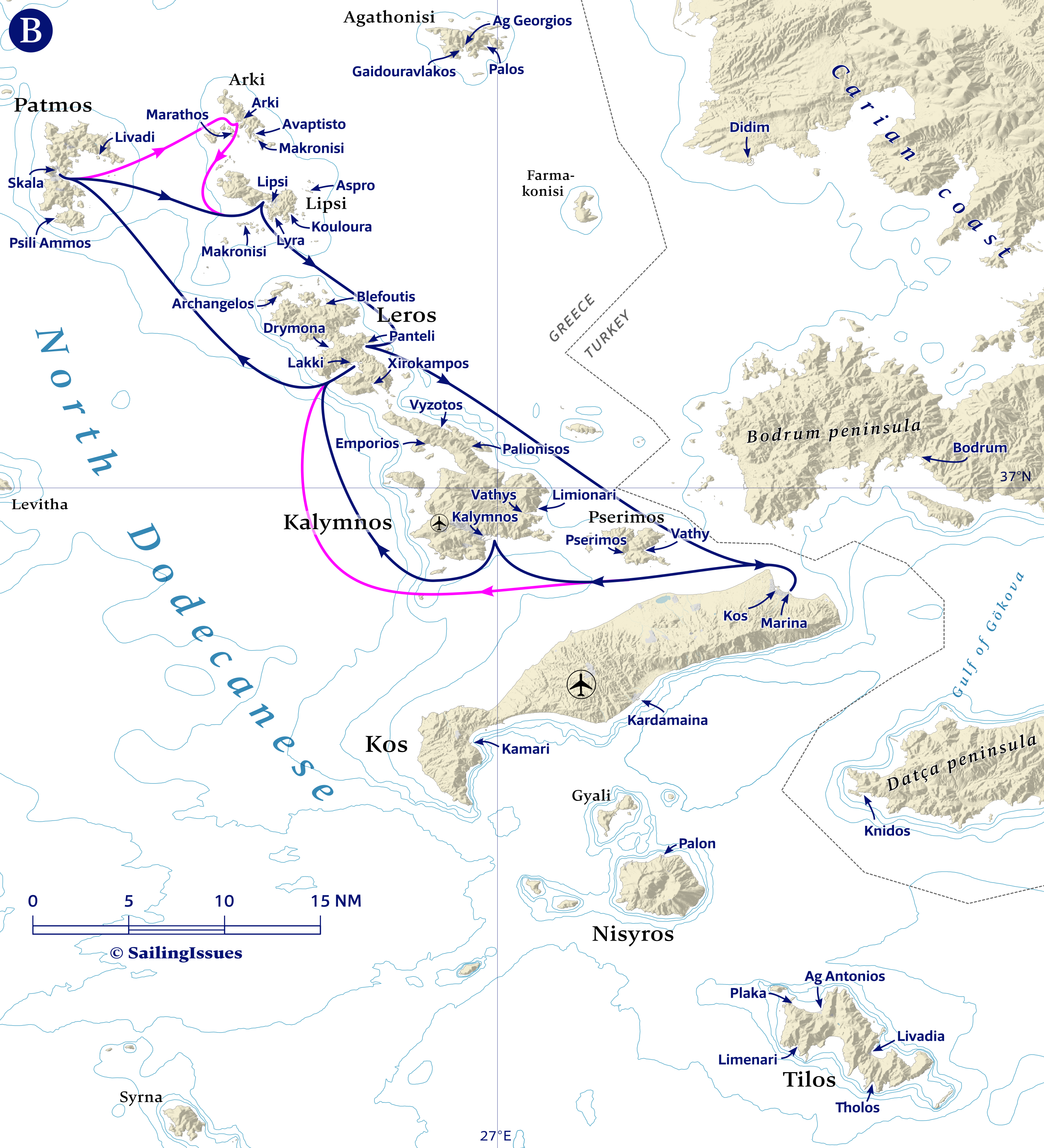 Yacht charters: Route B Northbound with every night in port Kos sailing itinerary