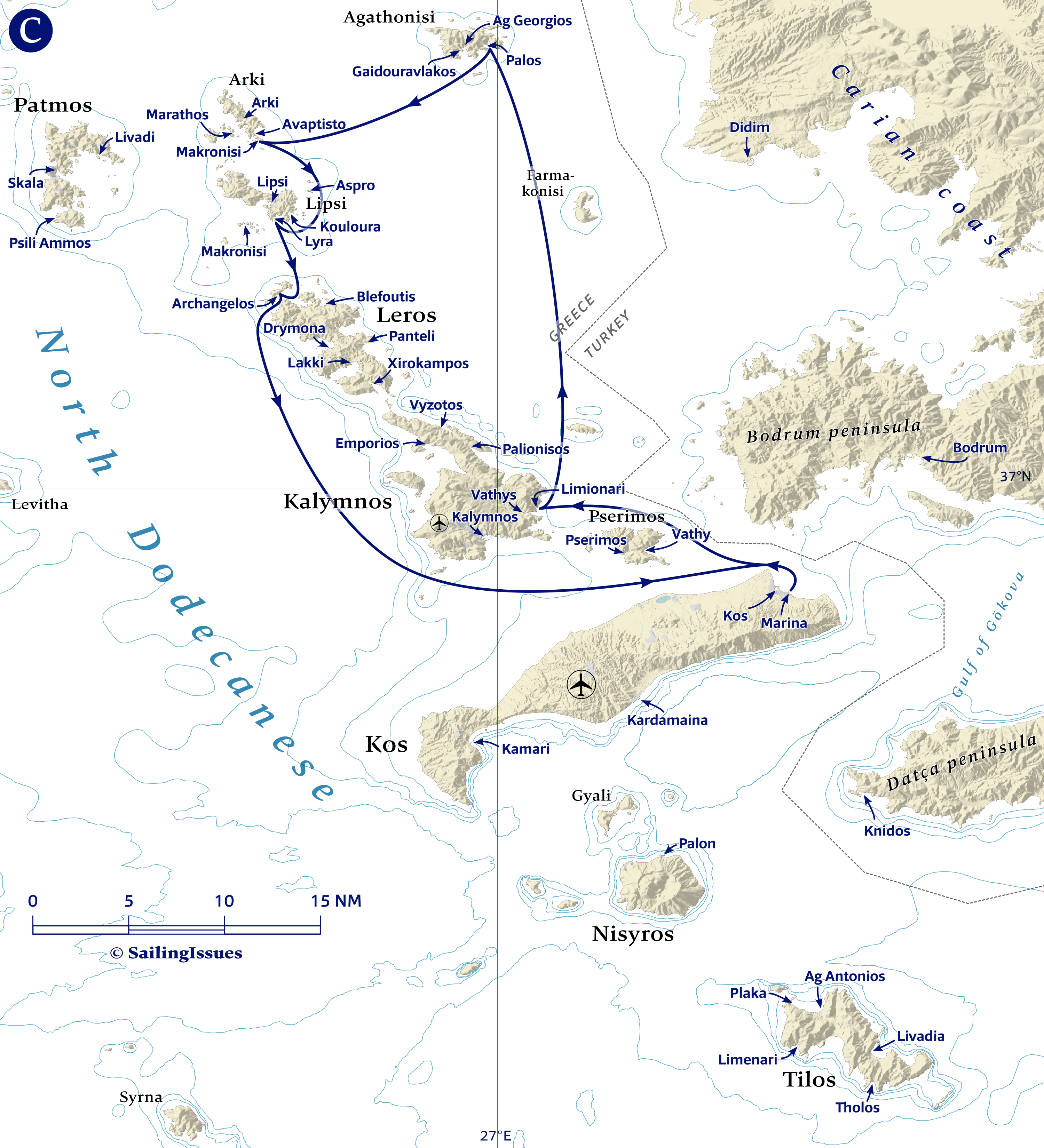 Yacht charters: Route C Northbound, all anchorages, reaching Agathonisi