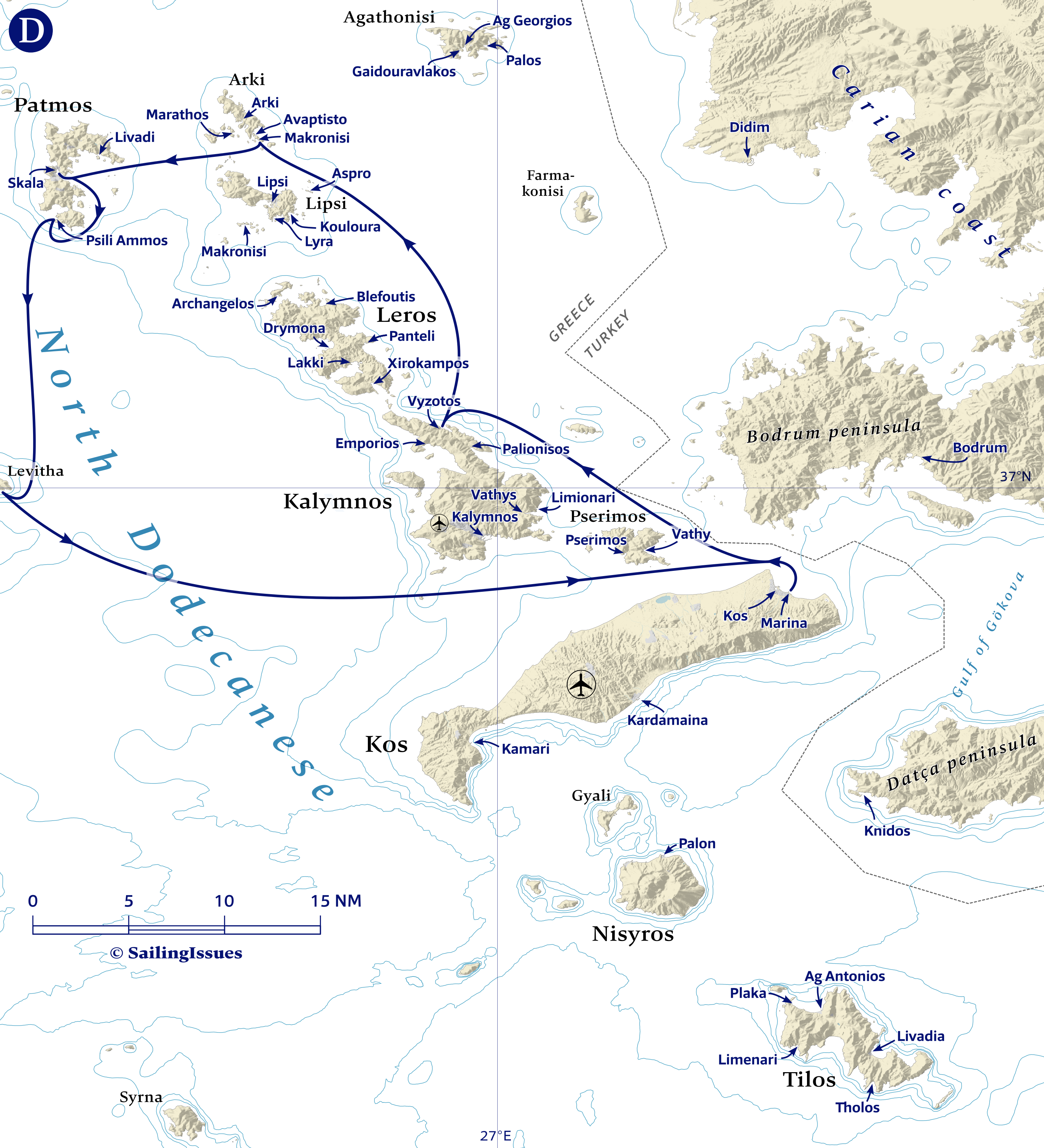 Yacht charters: Route D  North to Patmos port and back via Levitha Kos sailing routes