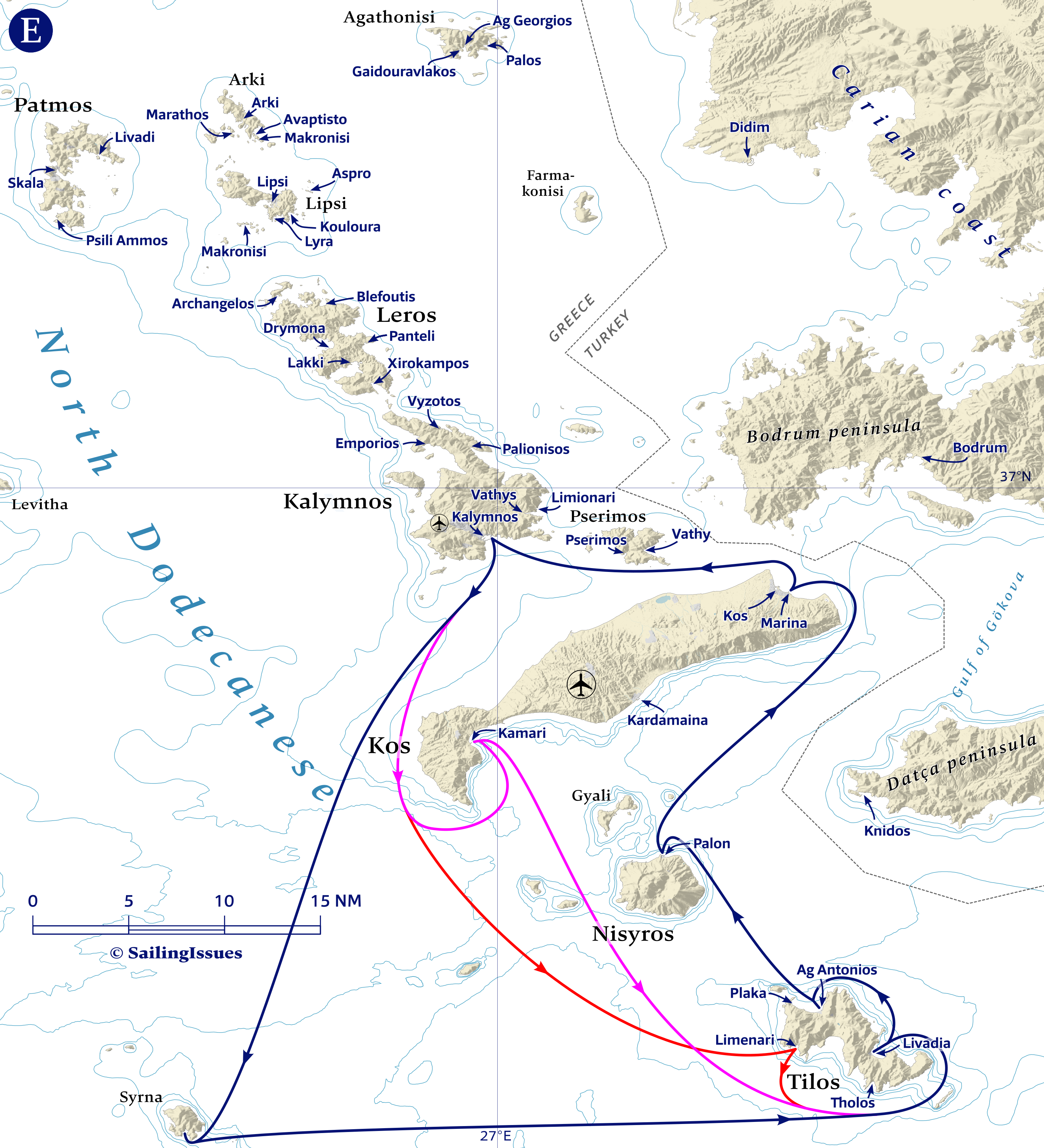 Yacht charters: Route E Southbound, circumnavigating Kos, with focus on Tilos, Kos sailing