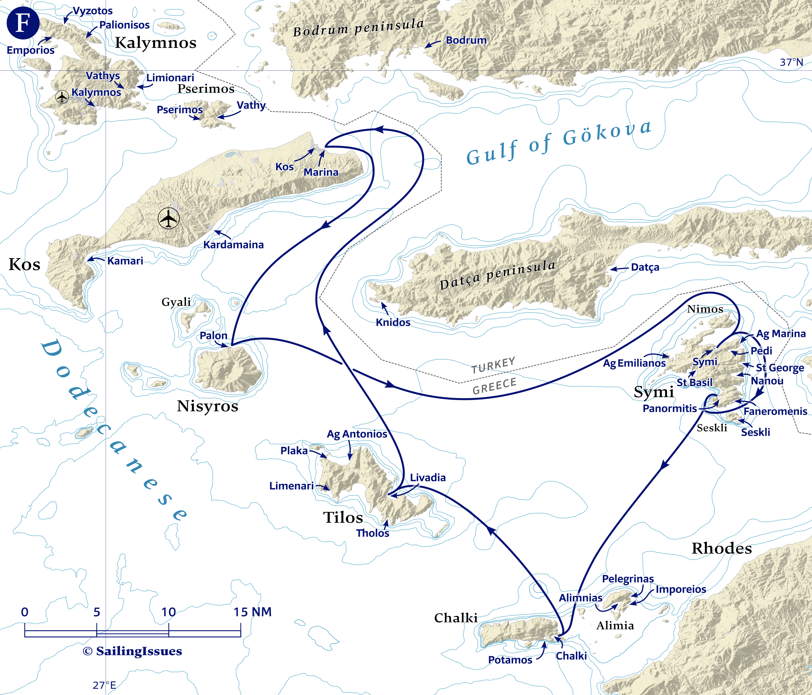 Yacht charters: Route F Athens Southbound including Symi and Chalki, Kos sailing