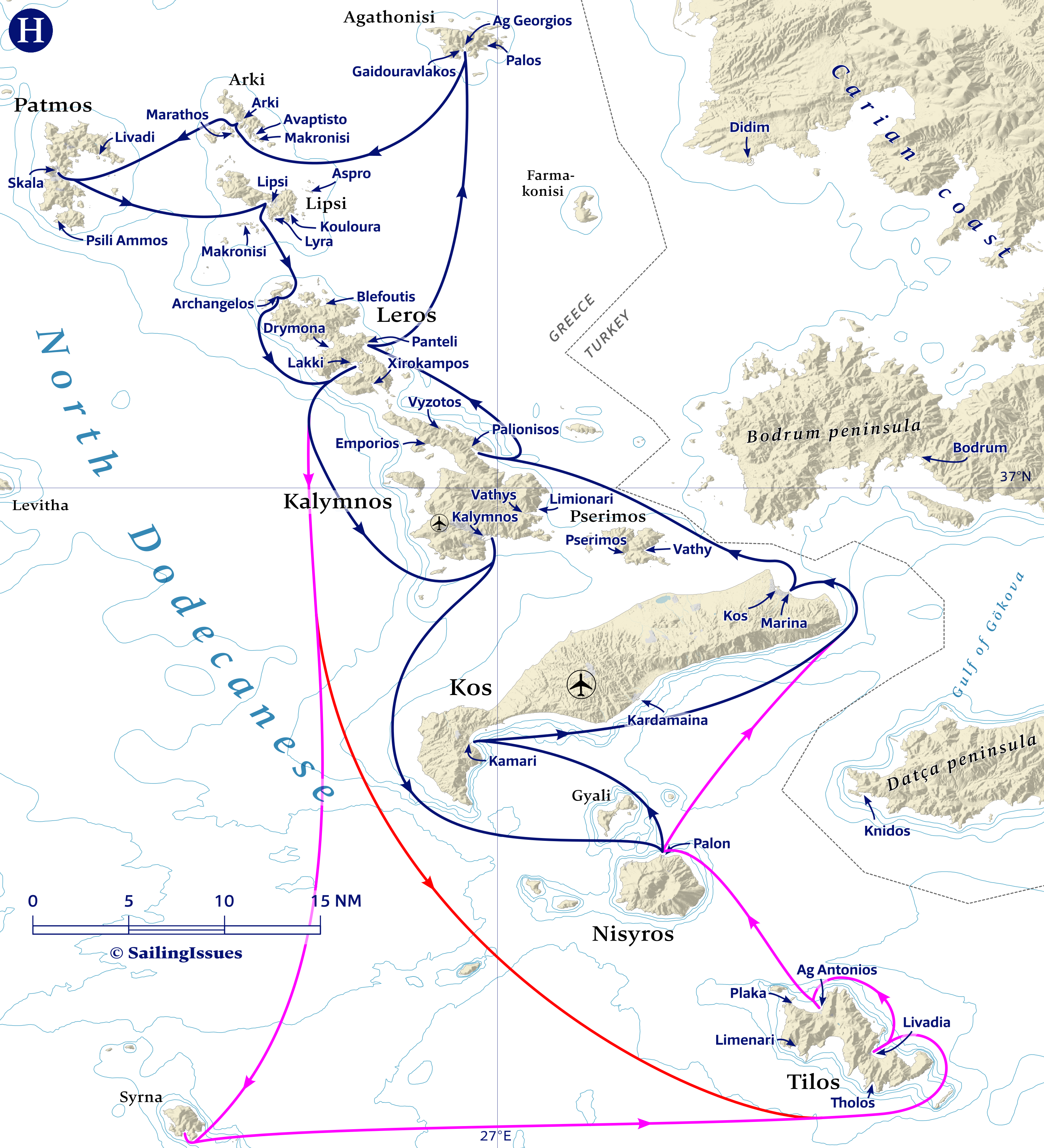 Yacht charters: Route H North and middle of the Dodecanese Kos sailing