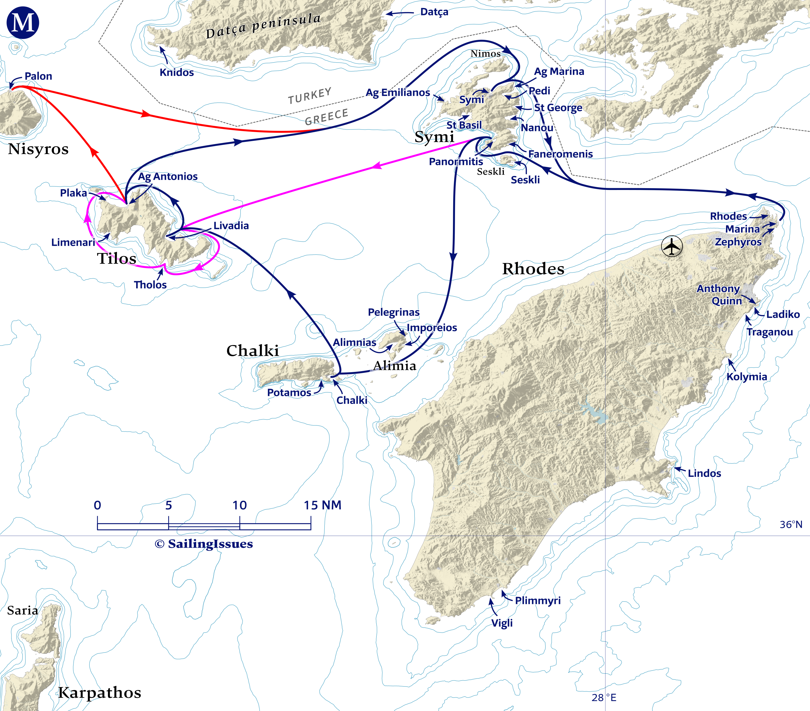Yacht charters: Route M Tilos, Symi and Chalki or Nisyros: Dodecanese sailing out of Rhodes
