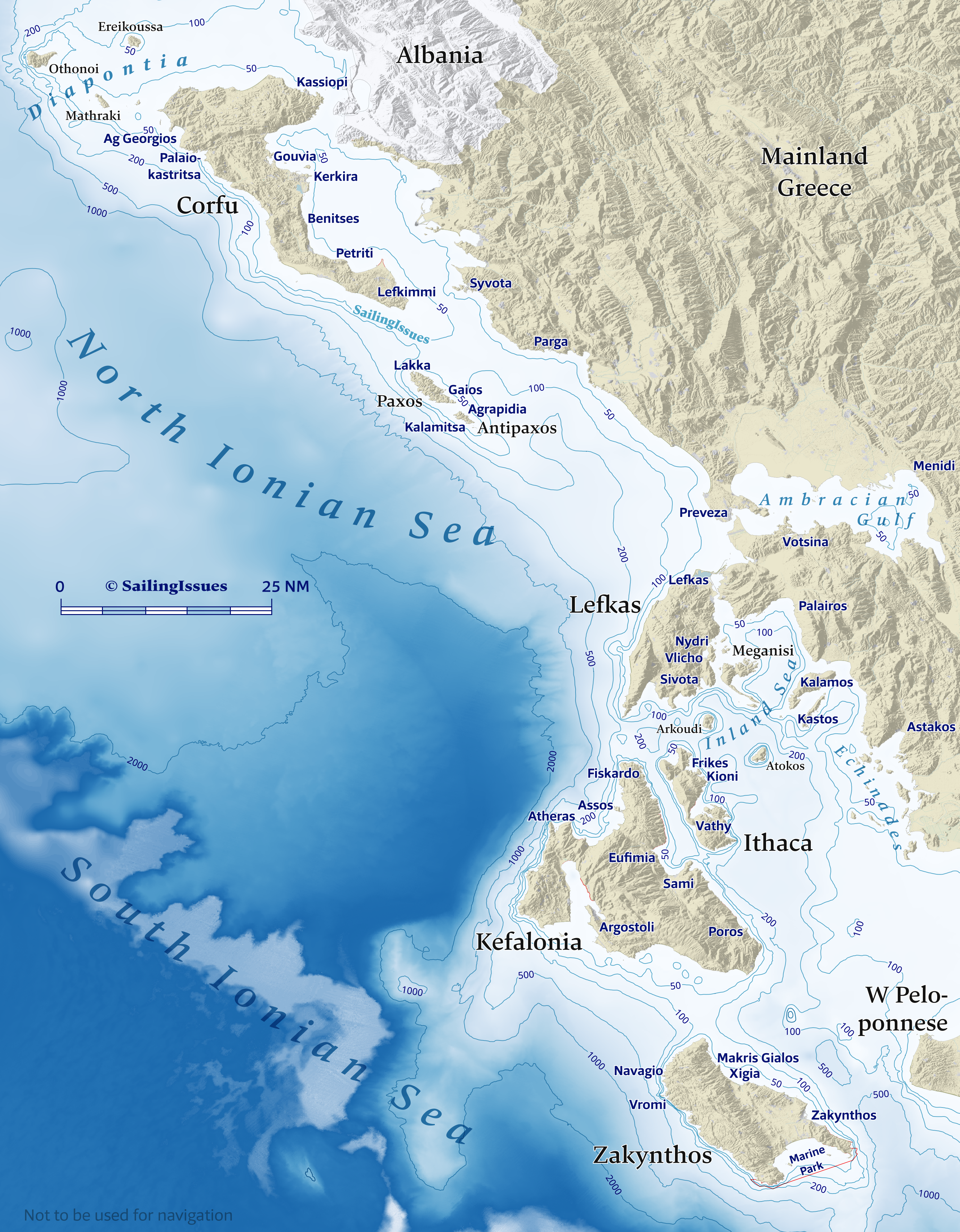 Yacht charters: Depths contours Ionian Sea: Corfu, Lefkas, Kefalonia, Zante