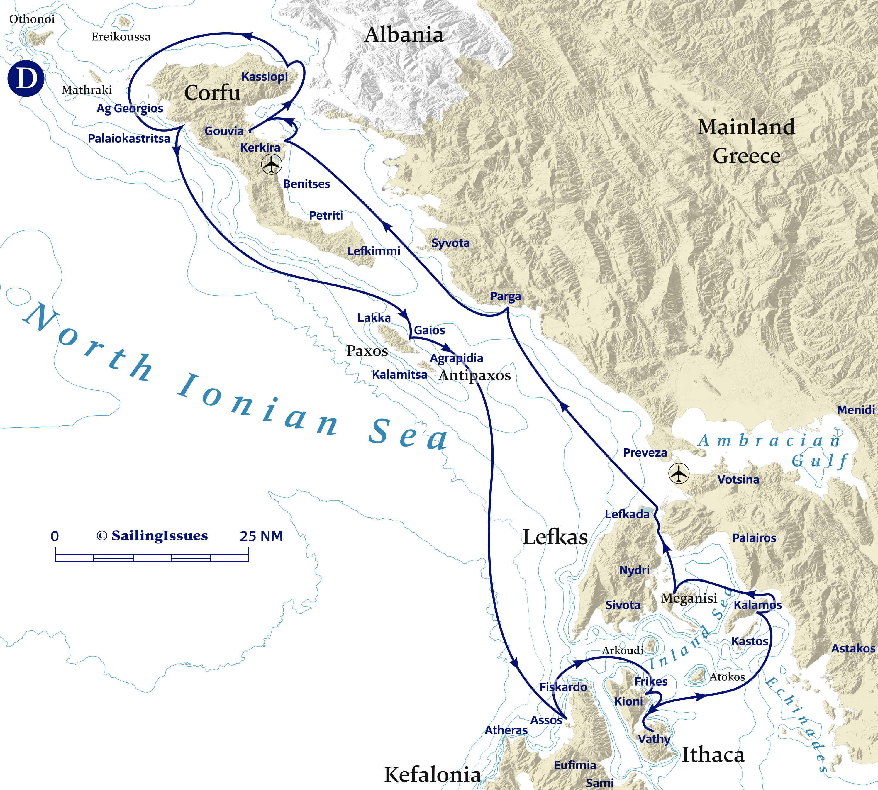 Yacht charters: Route D Corfu down to Lefkas Ithaca Inland Sea