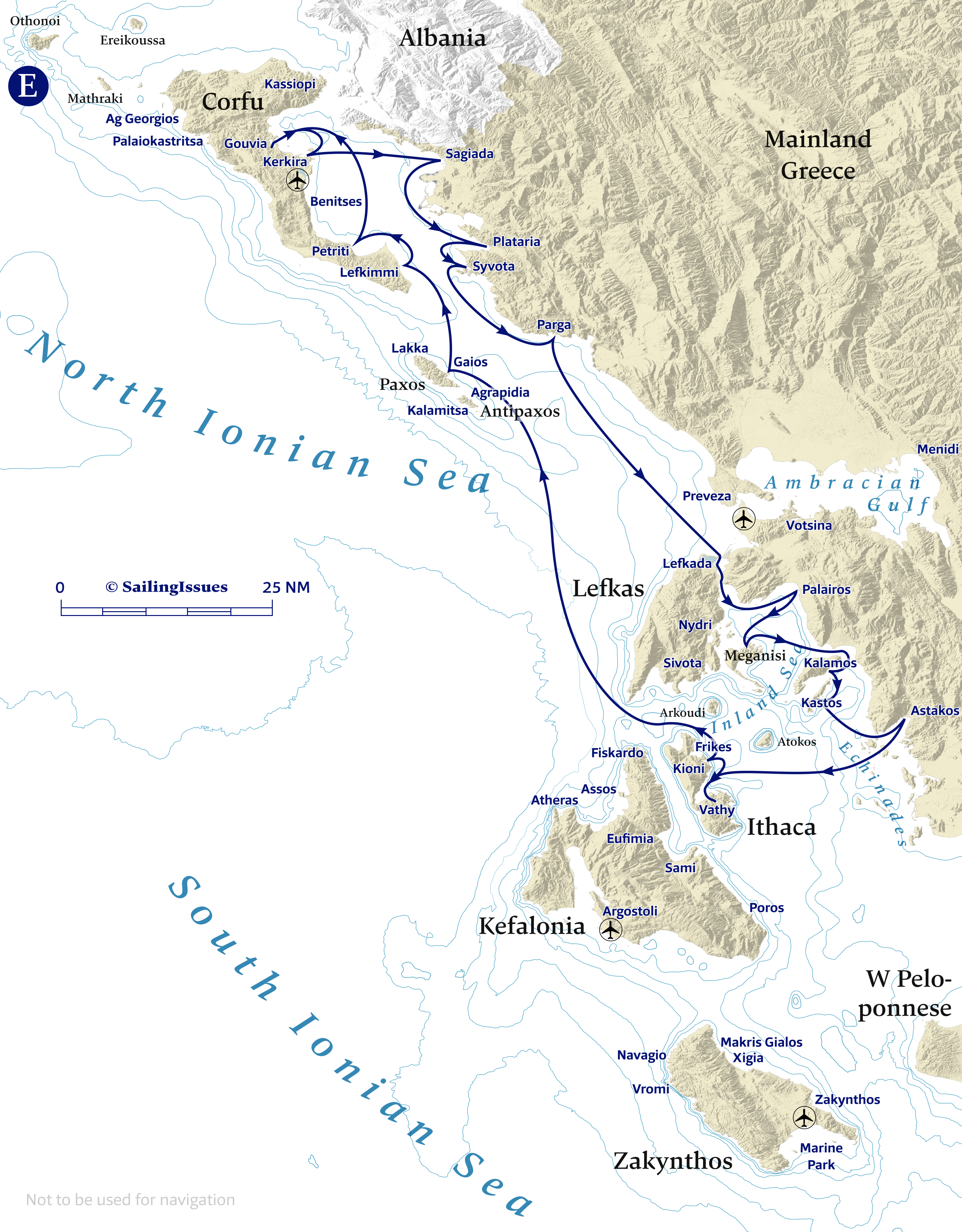 Yacht charters: Route E East coast Corfu, Inland Sea Lefkas and Ithaca