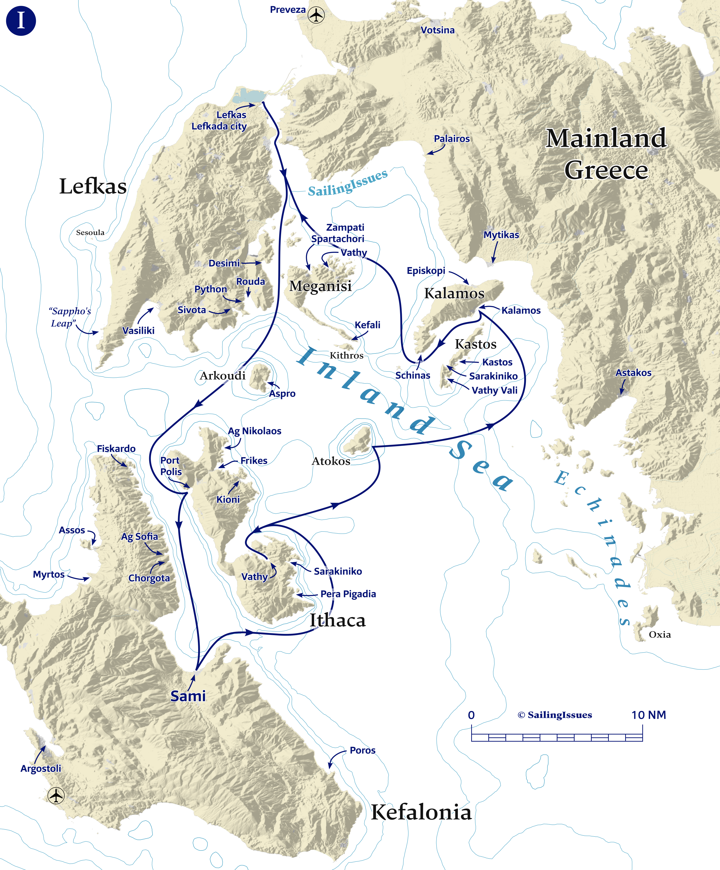Yacht charters: Route I Lefkas Kefalonia Ithaca sailing route Ionian